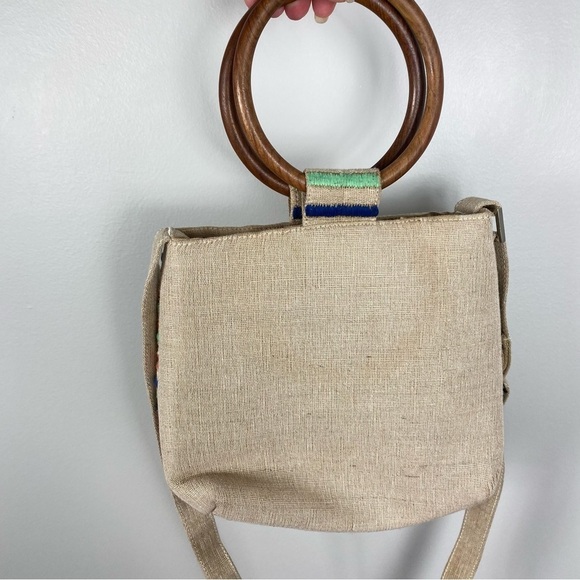 Lulu Canvas Handbag Boho Wooden Handles Aztec Print Multicolor with Strap - Picture 4 of 7